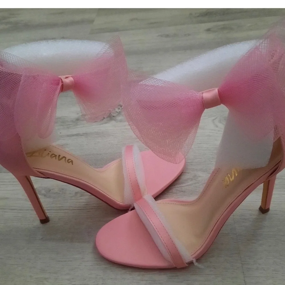 Liliana Tisha Pink Tulle Bow Ankle Strap Stiletto Heels Womens 7.5 NEW